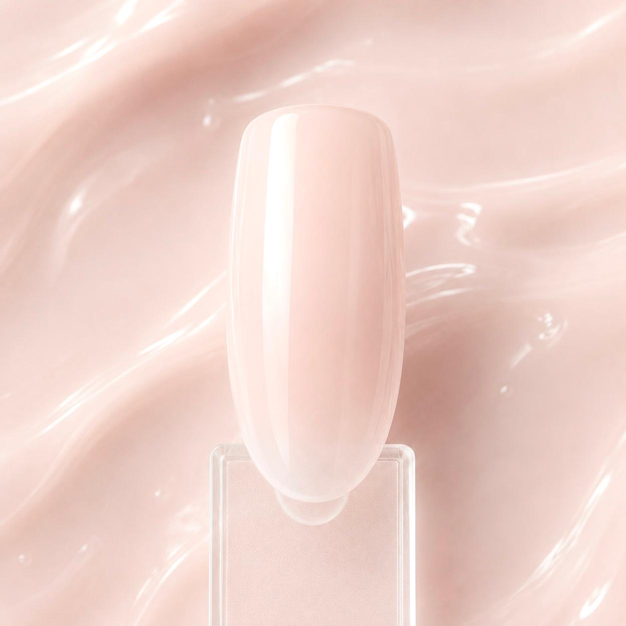 PeachMilk Gel autonivelant Peach Milk N9 aplicat pe o mostră ovală pentru unghii, cu finisaj lucios și detaliul nuanței în fundal