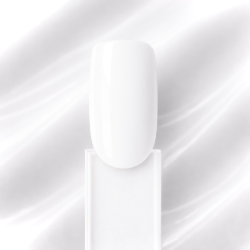 Milky White Rubber Base Milky White N9, bază alb lăptos aplicată pe o mostră ovală de culoare pentru unghii, cu textura produsului în fundal