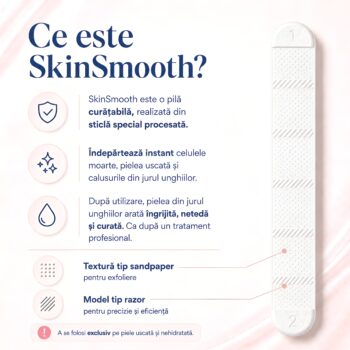 Infografic SkinSmooth N9, pilă curățabilă din sticlă procesată pentru îndepărtarea pielii uscate, celulelor moarte și calusurilor din jurul unghiilor, cu două texturi de exfoliere