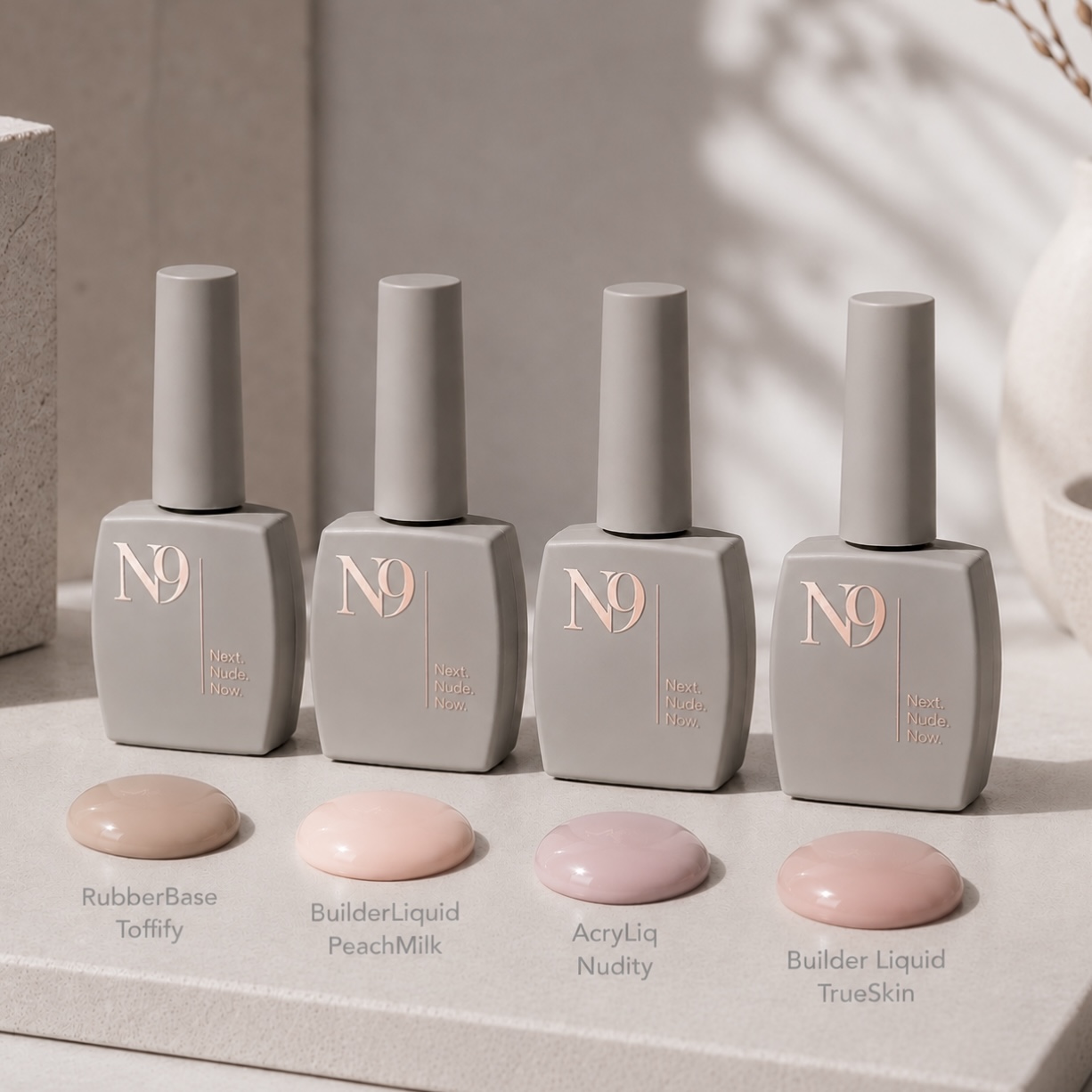 A487AA5E-E442-4709-B590-C5C2F83AE8CC Kit unghii nude N9 Nude Essentials cu RubberBase Toffify, BuilderLiquid Peach Milk, AcryLiq Nudity și BuilderLiquid True Skin, prezentate alături de mostrele fiecărei nuanțe