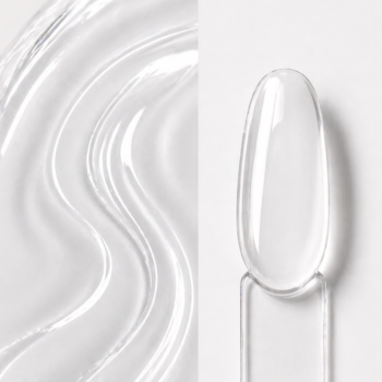 Builder Base Clear N9, builder base transparent aplicat pe o mostră ovală pentru unghii, cu textura gelului clear în fundal