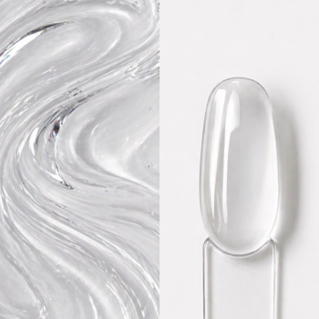 Builder gel Clear N9, gel de construcție transparent aplicat pe o mostră ovală pentru unghii, cu textura clear în fundal