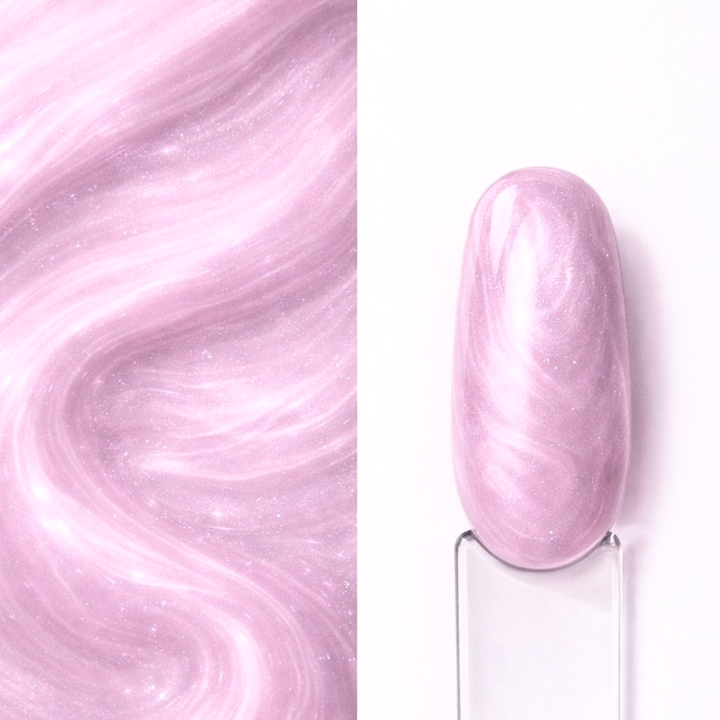 BuilderSculpt Opal Shell Builder gel Opal Shell N9 aplicat pe o mostră ovală pentru unghii, cu detaliul nuanței în fundal