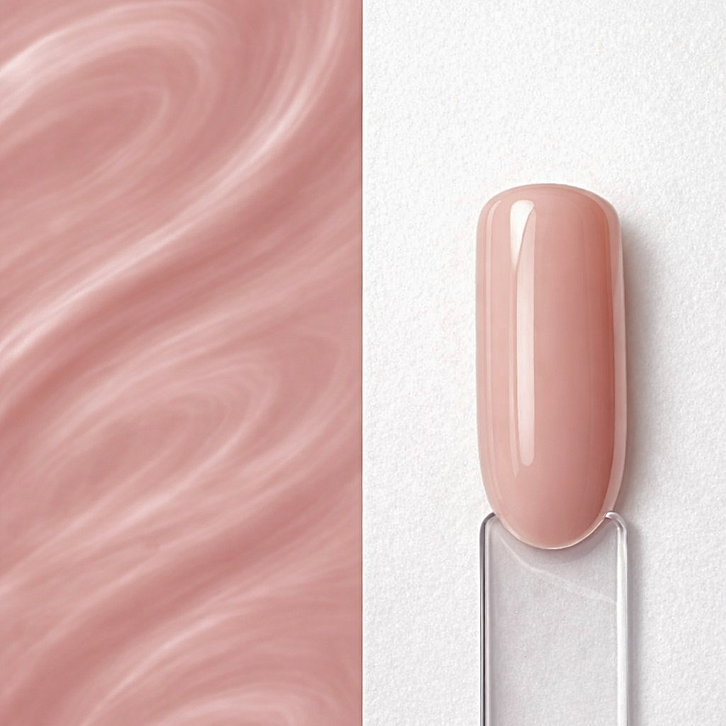 Beige Nude Top Coat Top Coat Nude Beige N9 aplicat pe o mostră ovală pentru unghii, cu efect nude bej translucid și textura lucioasă a produsului în fundal