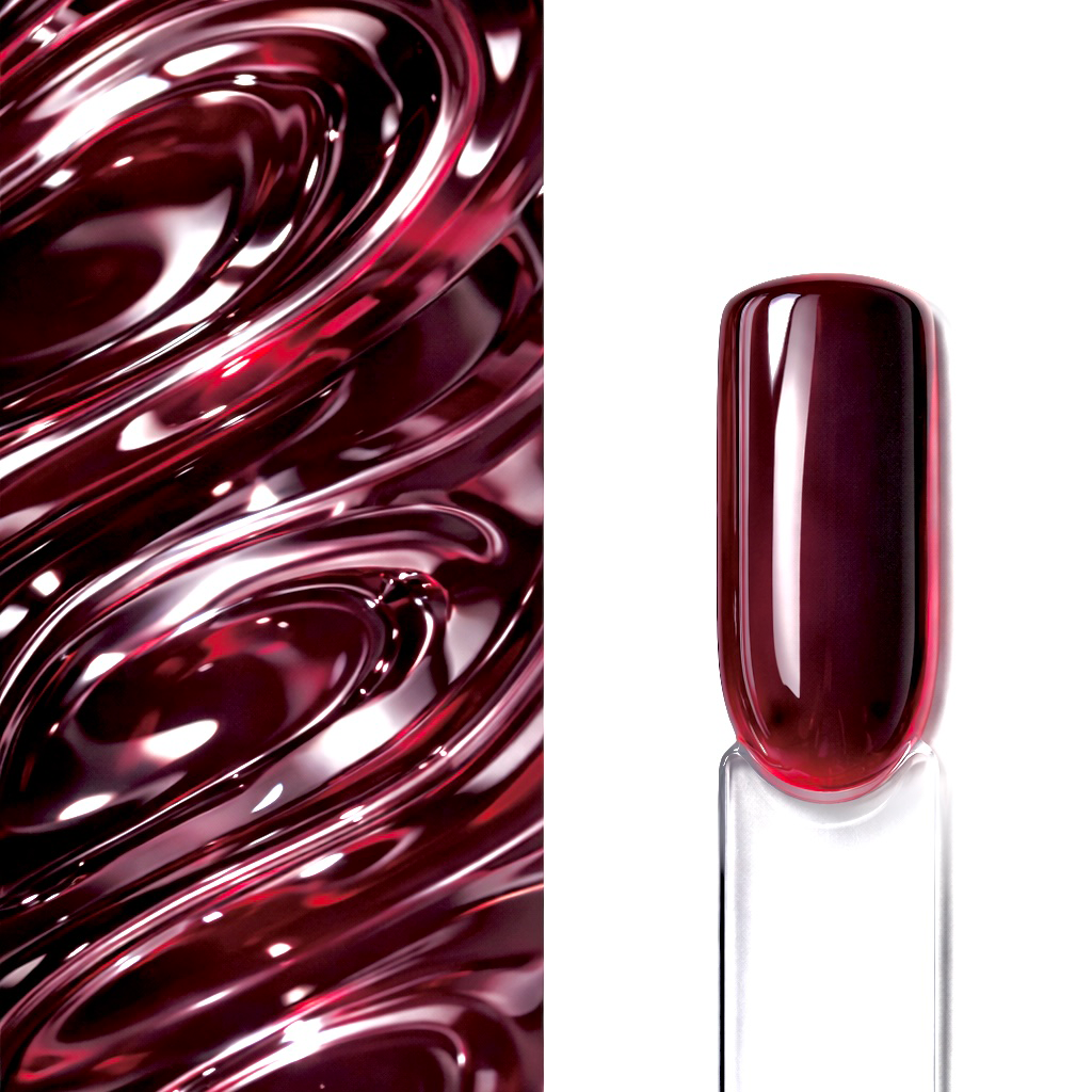 Berry Syrup Top Coat Top Coat roșu pigmentat Berry Syrup N9 aplicat pe o mostră ovală pentru unghii, cu finisaj lucios și textura intensă a nuanței în fundal