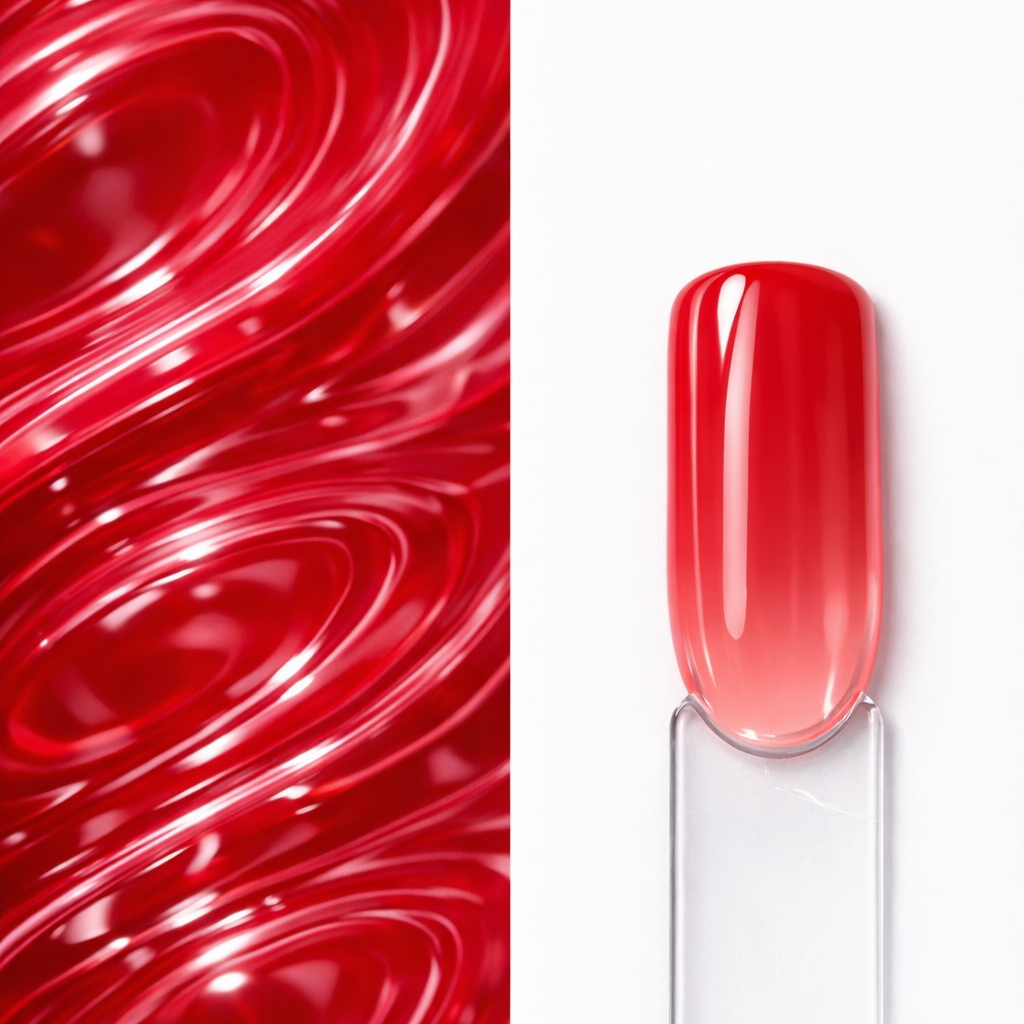 Candy Syrup Top Coat Top Coat roșu Candy Syrup N9 aplicat pe o mostră ovală pentru unghii, cu efect vitraliu translucid și textura lucioasă a produsului în fundal