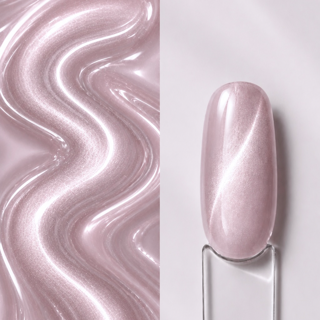 Cat Eye Crystal Top Coat Top Coat Cat Eye Crystal N9 aplicat pe o mostră ovală pentru unghii, cu efect magnetic de sticlă lichidă și reflexii perlate reci
