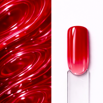 Top Coat roșu Cherry Syrup N9 aplicat pe o mostră ovală pentru unghii, cu efect vitraliu și nuanță roșie translucidă prezentată în fundal