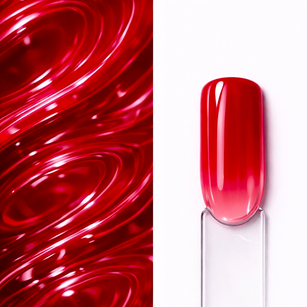 Cherry Syrup Top Coat Top Coat roșu Cherry Syrup N9 aplicat pe o mostră ovală pentru unghii, cu efect vitraliu și nuanță roșie translucidă prezentată în fundal