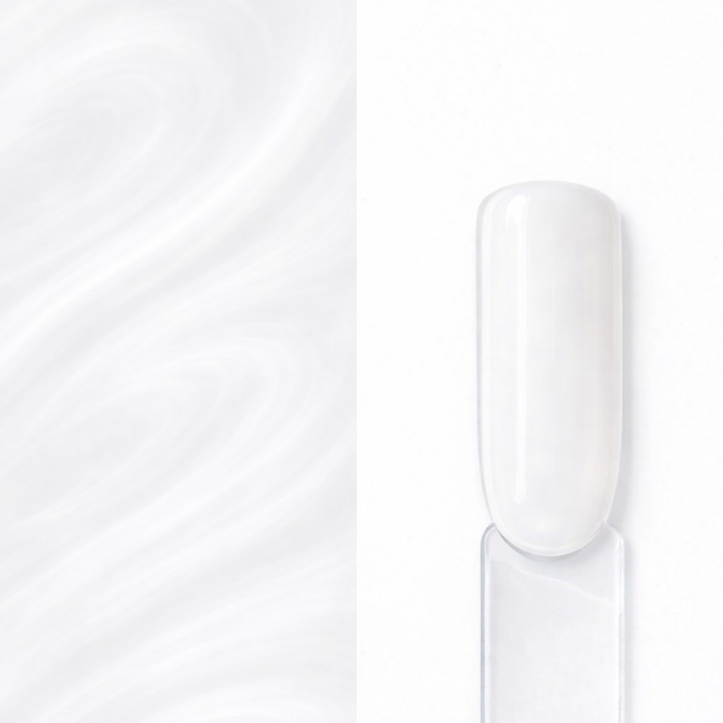 Coconut Milk Top Coat Top Coat Milky White Coconut Milk N9 aplicat pe o mostră ovală pentru unghii, cu efect alb lăptos translucid și textura lucioasă a produsului în fundal
