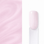Top Coat Milky Pink Cold Pink N9 aplicat pe o mostră ovală pentru unghii, cu efect roz lăptos translucid și textura lucioasă a nuanței în fundal