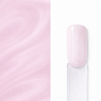 Top Coat Milky Pink Cold Pink N9 aplicat pe o mostră ovală pentru unghii, cu efect roz lăptos translucid și textura lucioasă a nuanței în fundal