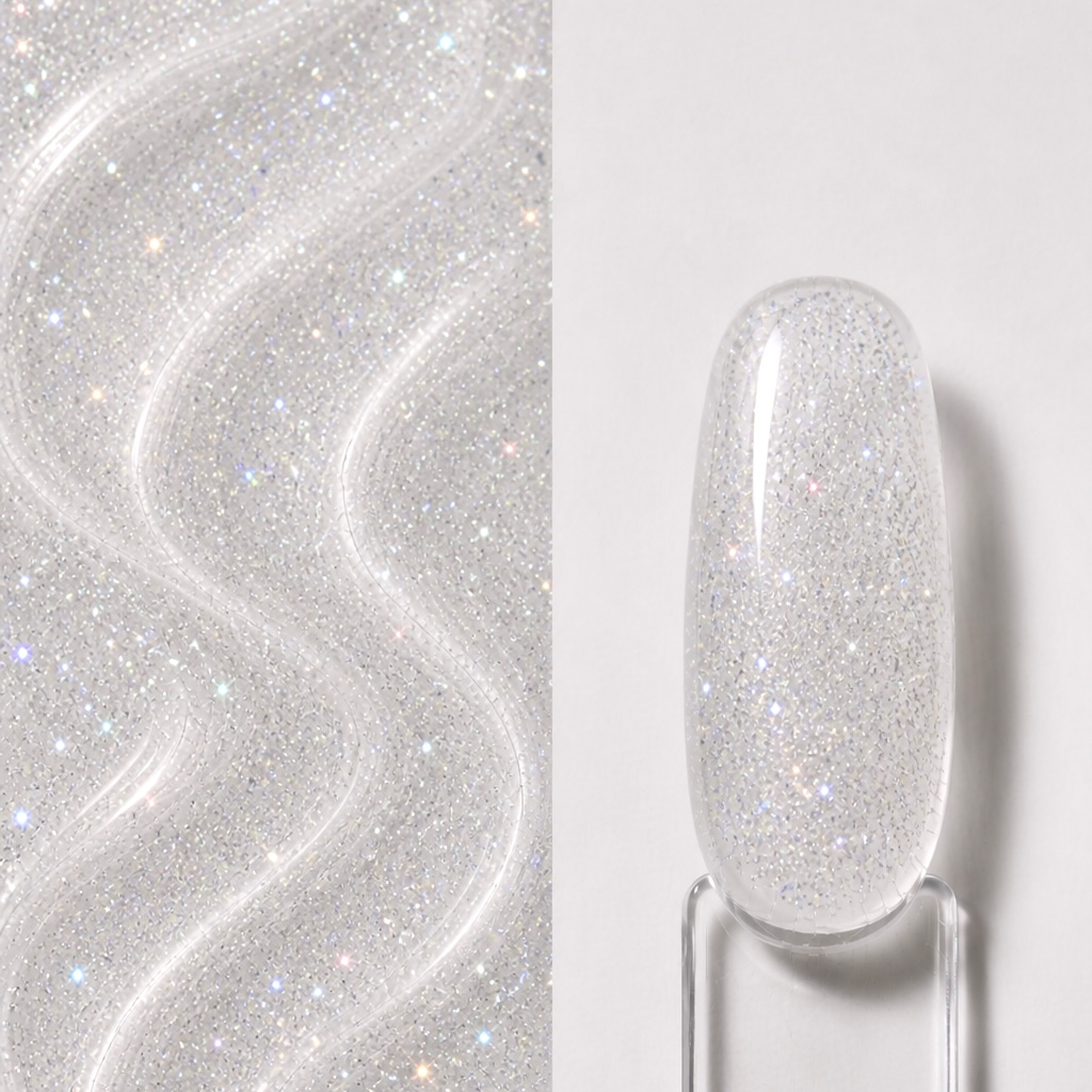 Magnetic Halo Top Coat Top Coat cu sclipici Magnetic Halo N9 aplicat pe o mostră ovală pentru unghii, cu bază transparentă și reflexii magnetice multicolore