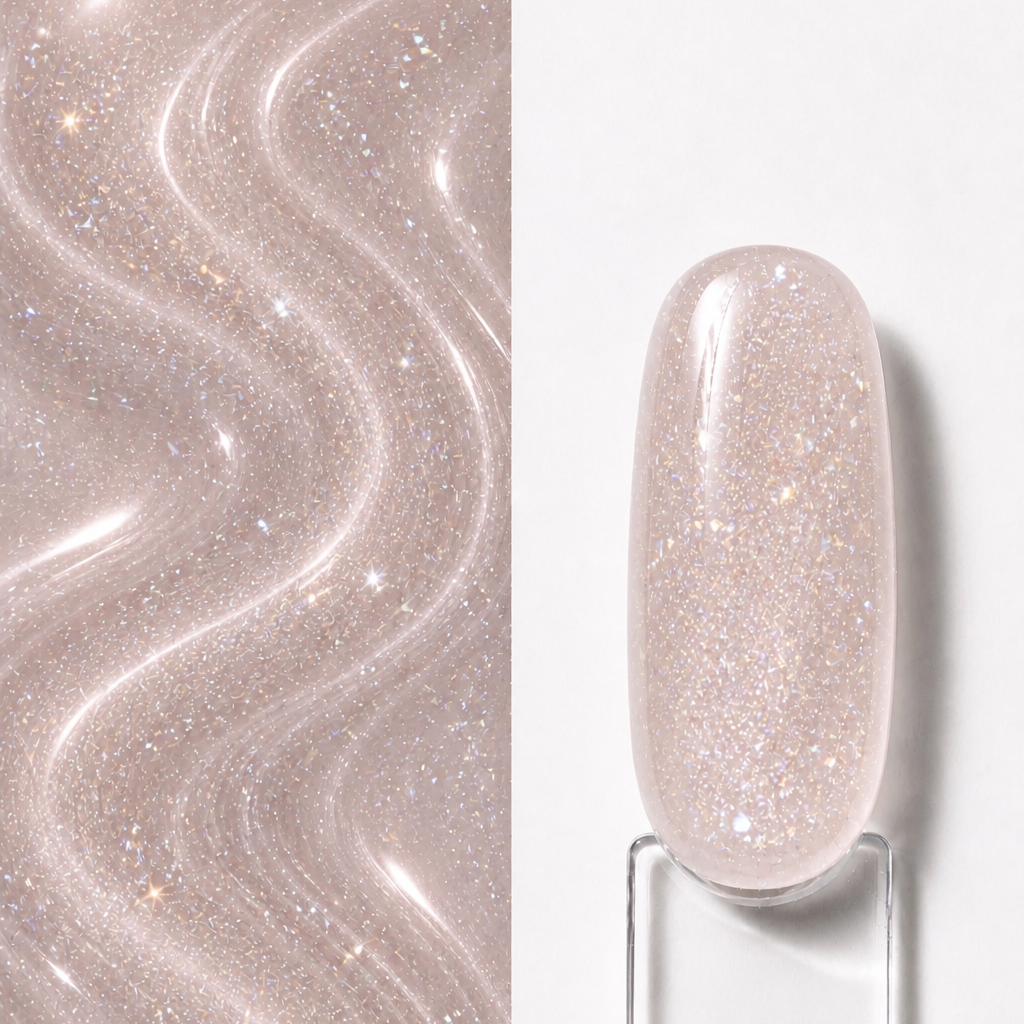 Magnetic Nude Top Coat Top Coat Magnetic Nude N9 aplicat pe o mostră ovală pentru unghii, cu sclipici fin și reflexii magnetice nude