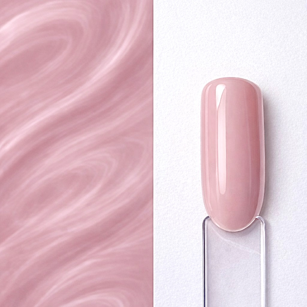 Rose Nude Top Coat Top Coat Rose Nude N9 aplicat pe o mostră ovală pentru unghii, cu efect nude roz translucid și textura lucioasă a nuanței în fundal